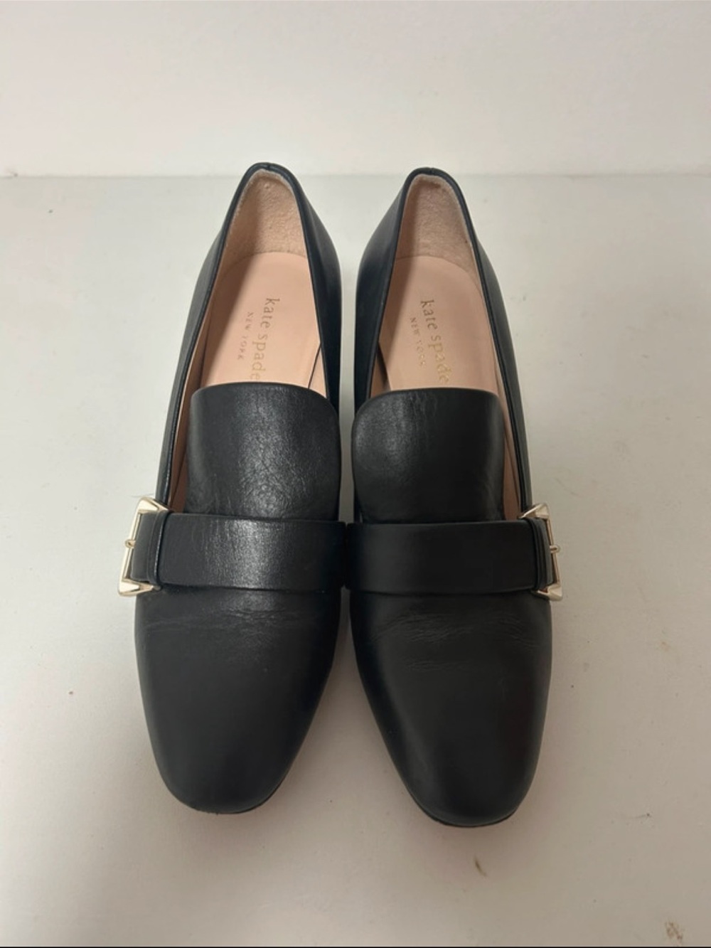 kate spade Alia Black Leather Block Heel Buckle Loafers 6.5